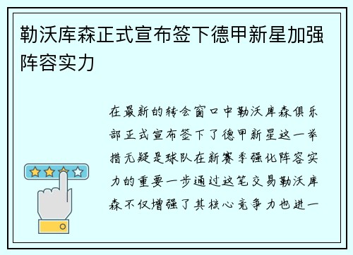 勒沃库森正式宣布签下德甲新星加强阵容实力