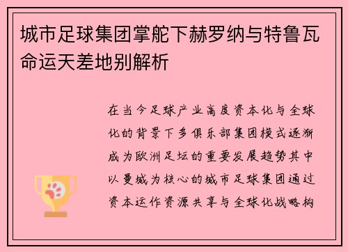 城市足球集团掌舵下赫罗纳与特鲁瓦命运天差地别解析