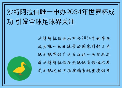 沙特阿拉伯唯一申办2034年世界杯成功 引发全球足球界关注